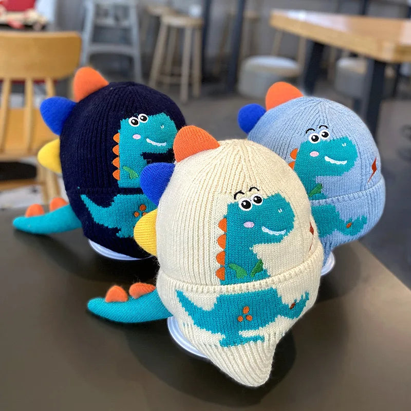 Touca de Tricô Infantil Dinossauro 3D com Protetores de Orelha