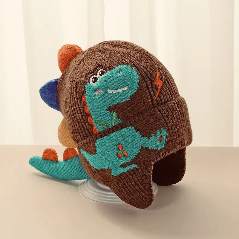 Touca de Tricô Infantil Dinossauro 3D com Protetores de Orelha
