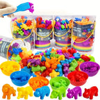 Pompons Cores do arco-íris Tigelas de plástico Pinças Habilidade motora fina. Crianças contando e organizando brinquedos. Brinquedos educativos para crianças.