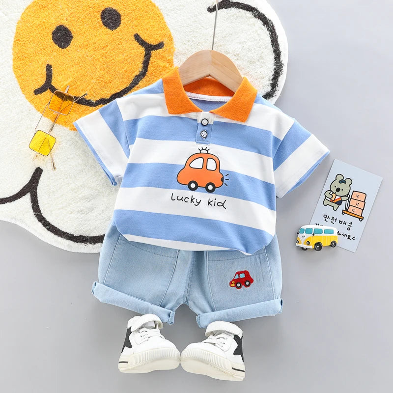 Conjunto de 2 peças para crianças: Camisa Polo de Alta Qualidade para meninos + Bonito Shorts Jeans, roupas infantis.