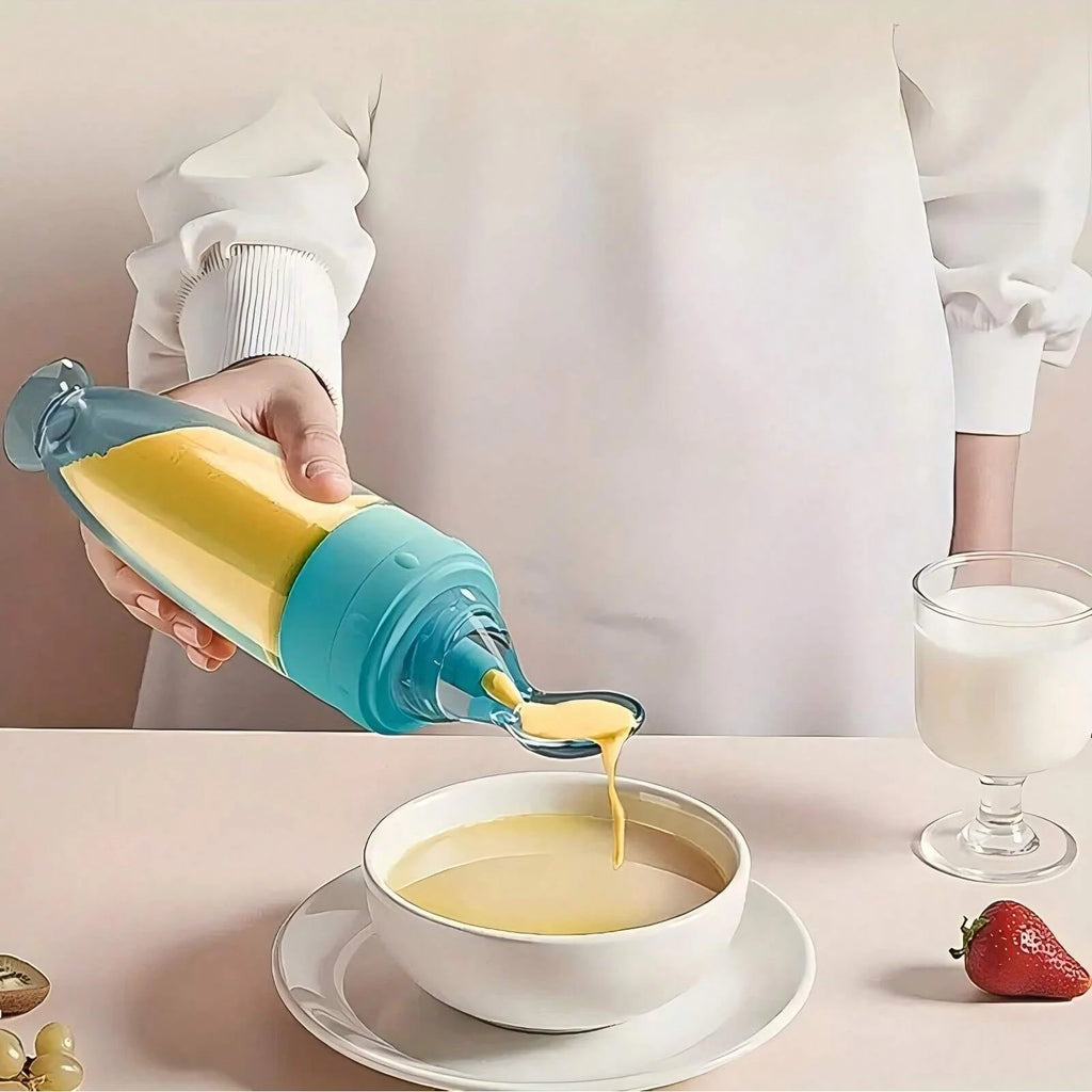 Nova Mamadeira de Silicone Colorida 90ml/3OZ com Colher Macia. Ventosa e Tampa Protetora. Mamadeira Portátil de Alimentação por Aperto.