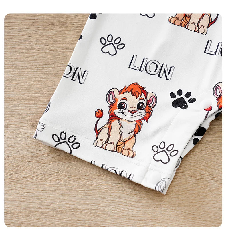 Macacão de bebê para meninos e meninas de 0-18 meses, manga curta, estampa fofa de leão. Com design simulando duas peças, roupas de bebê.
