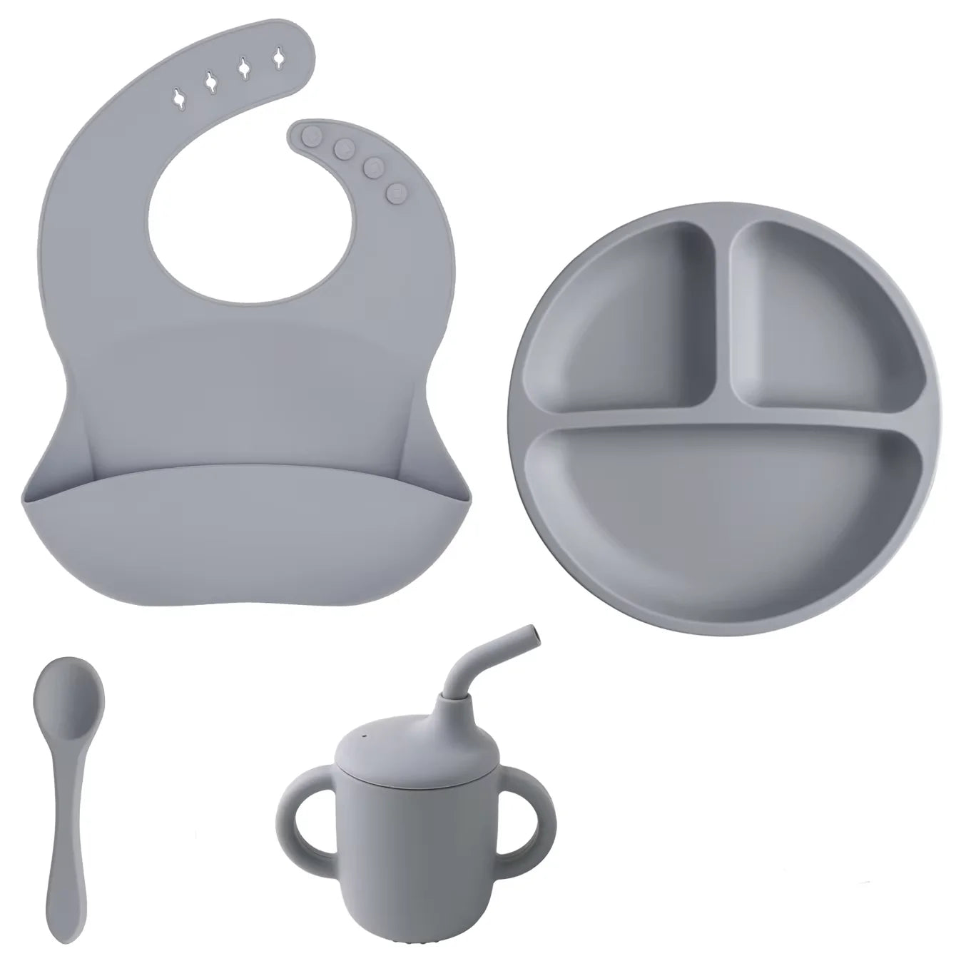 Kit Alimentação Infantil em Silicone – Prato com Ventosa, Copo com Canudo e Talheres Dobráveis para Bebês
