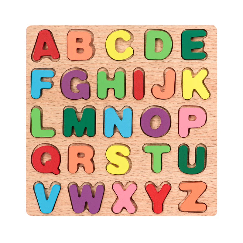 Quebra-cabeça educativo de madeira com letras maiúsculas e minúsculas do alfabeto. Jogo em família, crianças e pré-escolares.