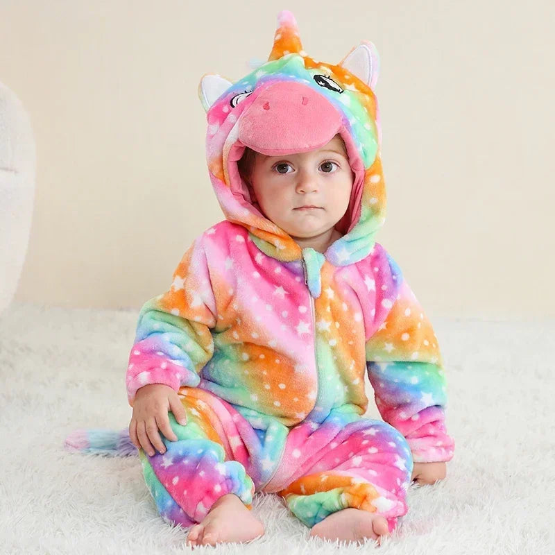 Macacão de Bebê (Inverno ) em Flanela para Menina e Menino. Macacão Infantil com Animais: Panda, Tigre, Leão, Unicórnio, Roupas de Bebê.