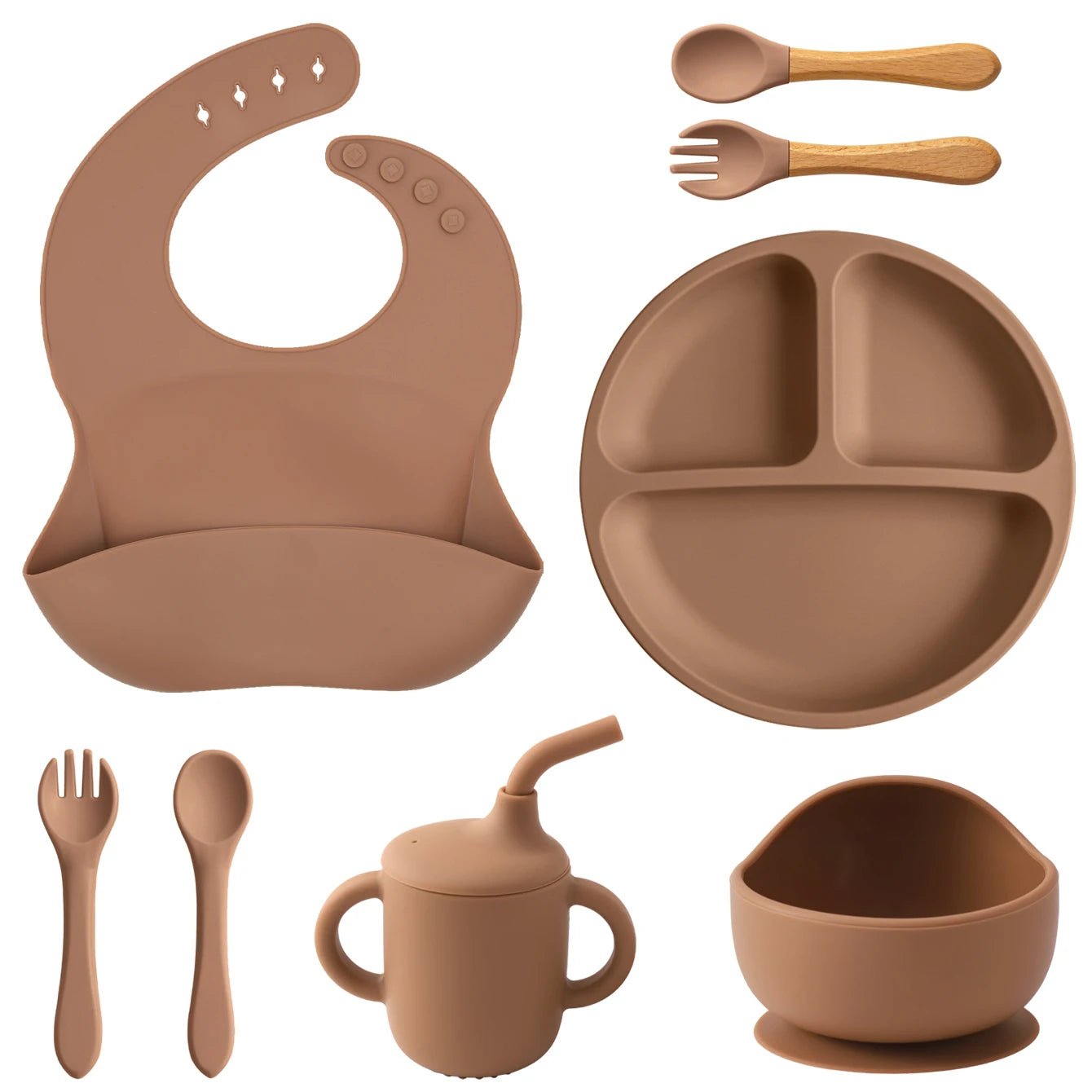 Kit Alimentação Infantil em Silicone – Prato com Ventosa, Copo com Canudo e Talheres Dobráveis para Bebês
