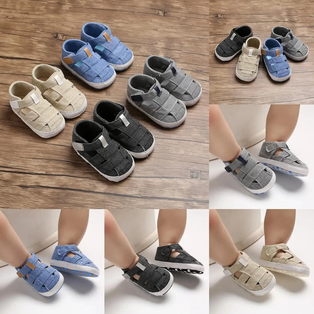 Tênis de Bebê Menino e Menina Recém-Nascido Moda Tênis de Lona Solas Macias Primeiros Sapatos para Andar Sandálias Respiráveis Sapatos Populares de Praia de Verão.