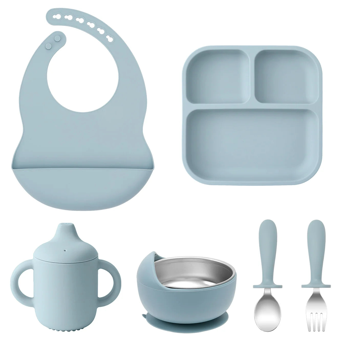 Kit Alimentação Infantil em Silicone – Prato com Ventosa, Copo com Canudo e Talheres Dobráveis para Bebês
