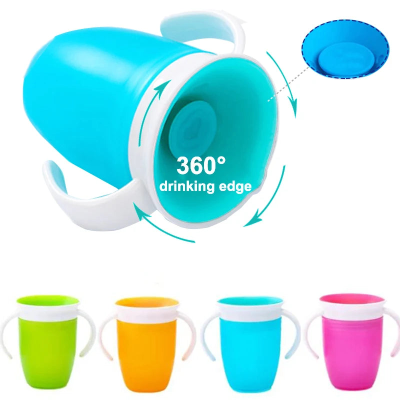 Copo de Aprendizado para Bebês Giratório 360 Graus com Dupla Alça. Tampa Flip e Silicone à Prova de Vazamentos.