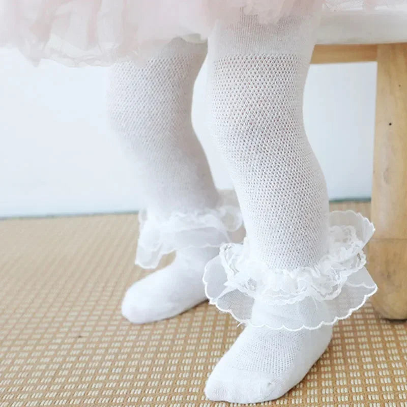 Meia-calça de bebê para meninas, com renda, laço e flor, meias finas para verão, primavera e outono, meias de malha para recém-nascidos e crianças pequenas.