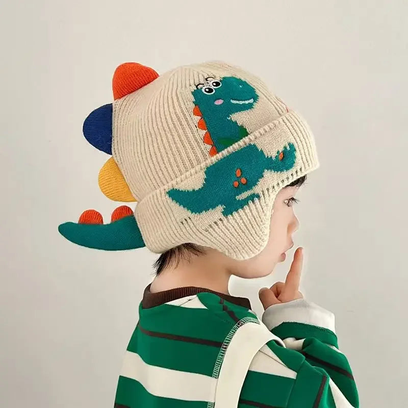 Touca de Tricô Infantil Dinossauro 3D com Protetores de Orelha