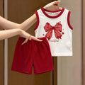 Conjuntos de Roupas de Verão 2026 para Meninas com Novo Laço Estampado. Colete e Shorts Infantil 2 Peças. Conjunto Infantil para Crianças Respiráveis 1-12 anos.