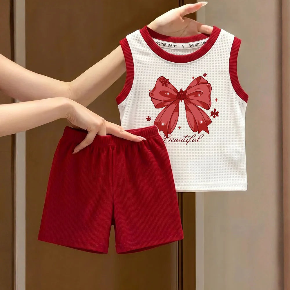 Conjuntos de Roupas de Verão 2026 para Meninas com Novo Laço Estampado. Colete e Shorts Infantil 2 Peças. Conjunto Infantil para Crianças Respiráveis 1-12 anos.