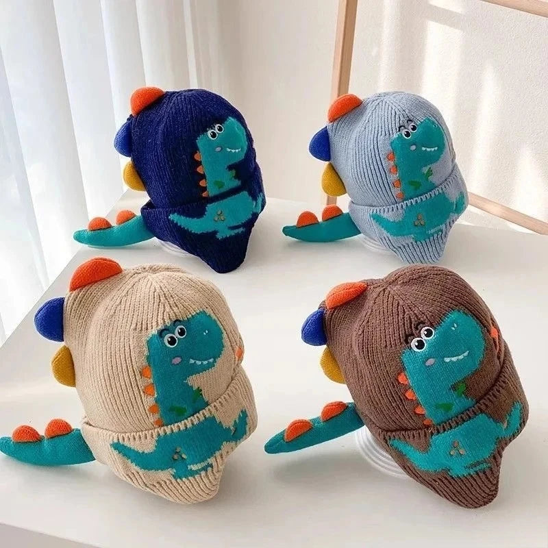 Touca de Tricô Infantil Dinossauro 3D com Protetores de Orelha