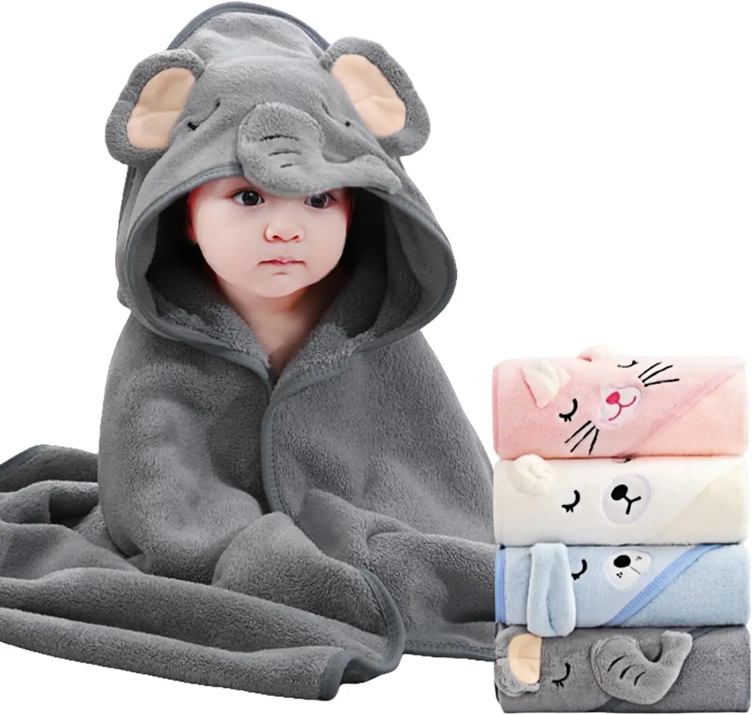 Toalha com Capuz para Bebê 31x31 pol. - Conjunto de Banho em Algodão Orgânico, Secagem Rápida e Absorvente com Design de Animais (Presente de Chá de Bebê, Conjunto com 1 Peça)