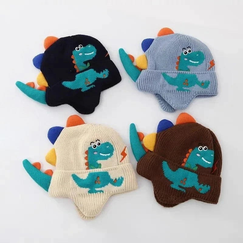 Touca de Tricô Infantil Dinossauro 3D com Protetores de Orelha