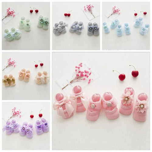 3 pares/conjunto Meias de Algodão para Bebê Meias Antideslizantes para Crianças e Bebês Meias de Chão com Desenhos Animados para Recém-nascidos Meias com Laço e Renda para Meninas.