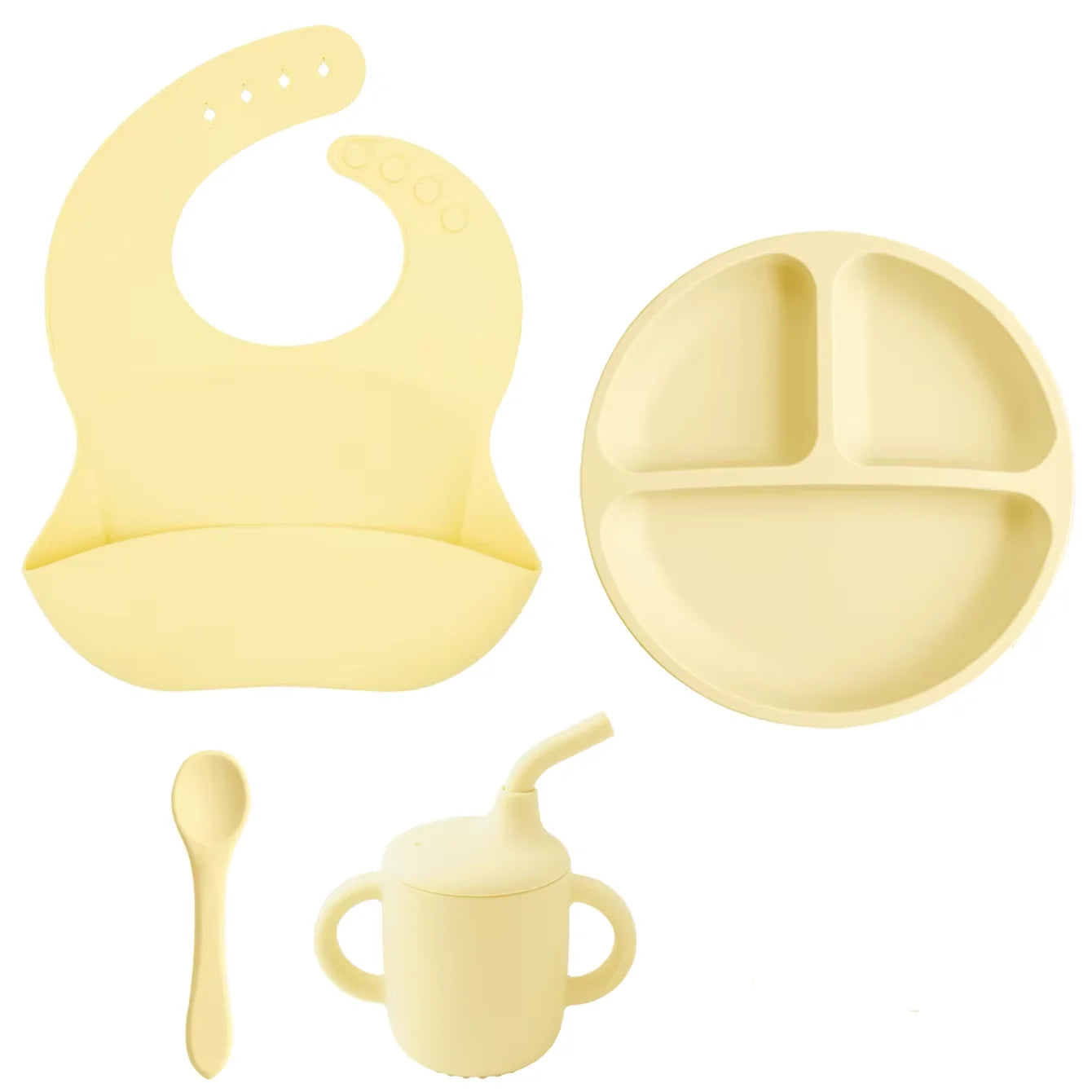 Kit Alimentação Infantil em Silicone – Prato com Ventosa, Copo com Canudo e Talheres Dobráveis para Bebês