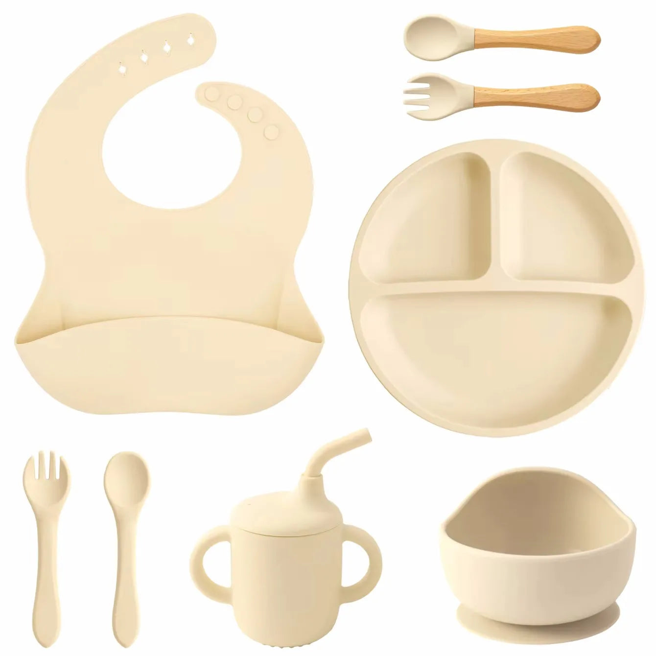 Kit Alimentação Infantil em Silicone – Prato com Ventosa, Copo com Canudo e Talheres Dobráveis para Bebês