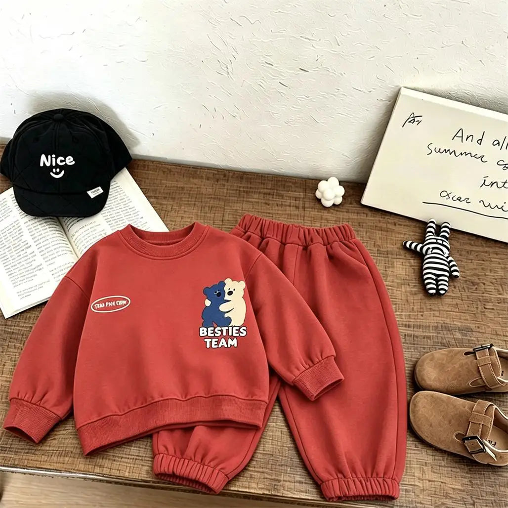 Conjunto Infantil de Moletom 2 Peças – Blusa e Calça com Estampa Fofa para Primavera e Outono