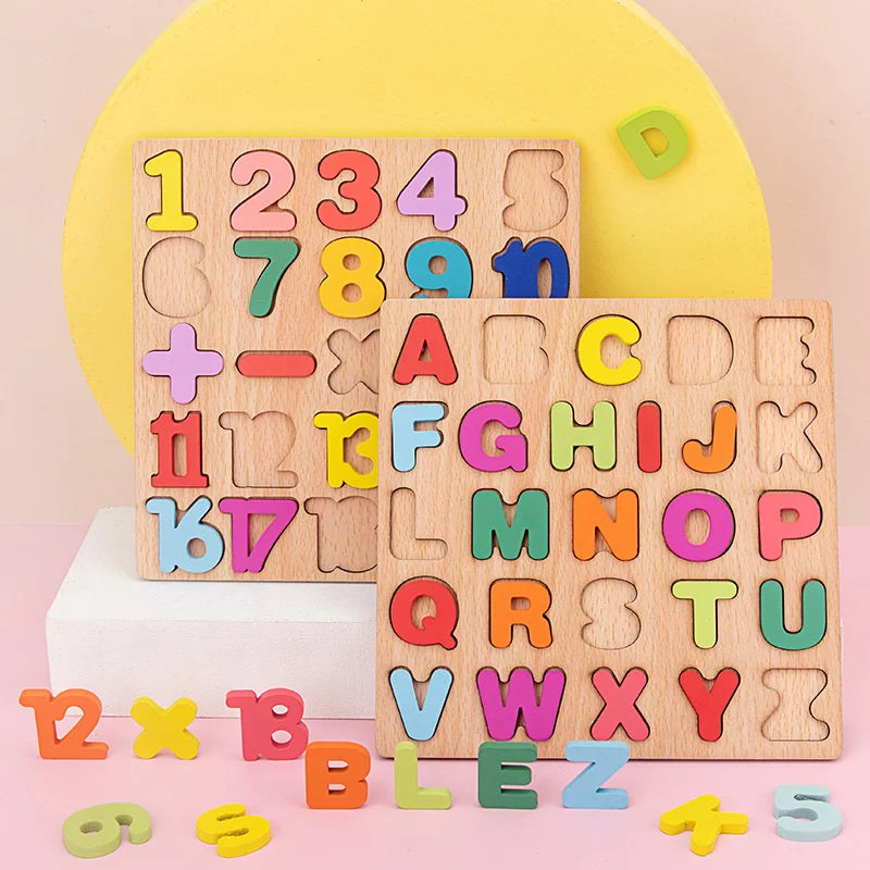 Quebra-cabeça de Madeira com Letras, Números e Formas para Bebês. Quebra-cabeça 3D. Brinquedos Educativos para Crianças.
