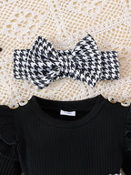 Top Preto Confortável + Saia Xadrez Pied-de-Poule + Faixa de Cabelo. Bebês Meninas de 0-1 ano. 2PÇ Outono.