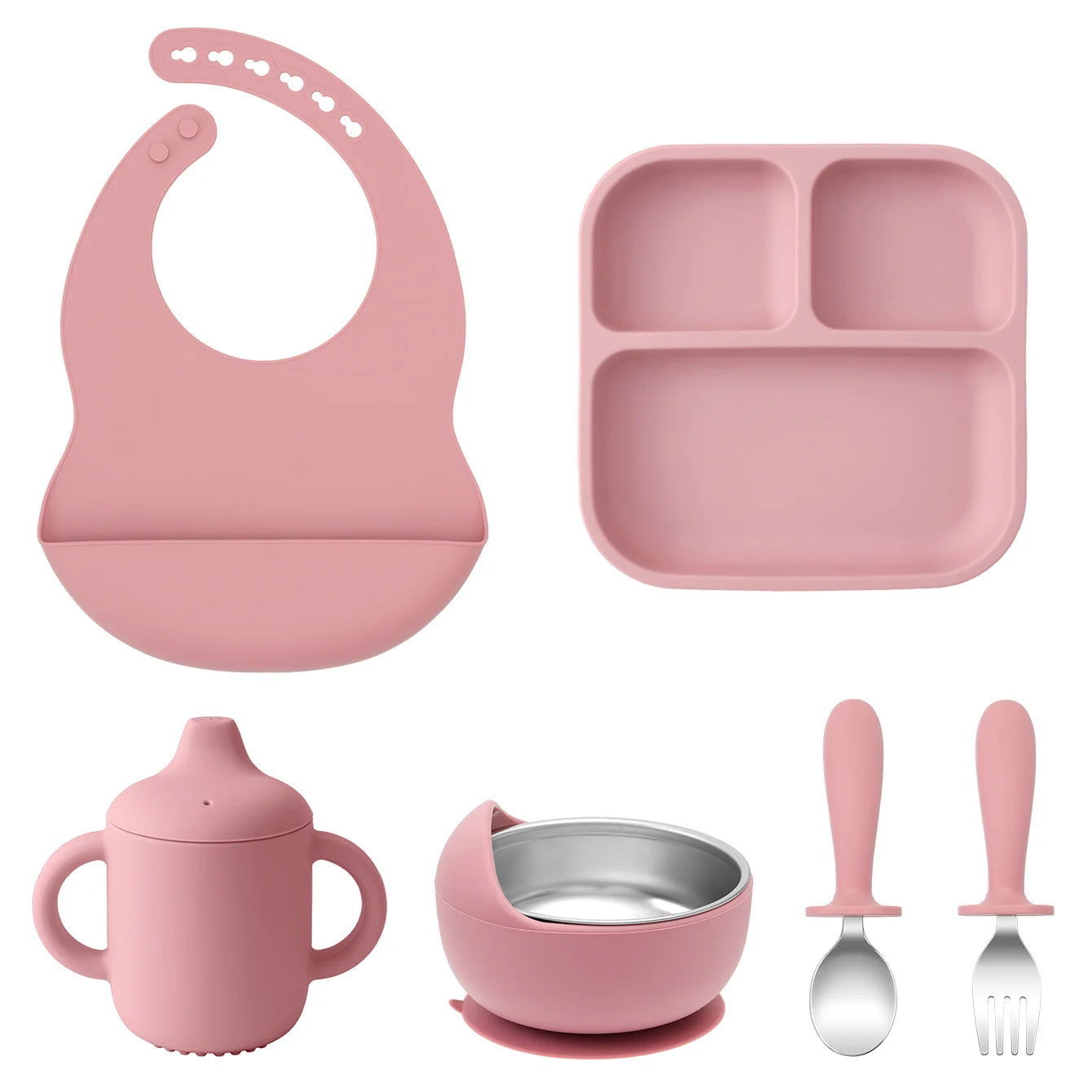 Kit Alimentação Infantil em Silicone – Prato com Ventosa, Copo com Canudo e Talheres Dobráveis para Bebês