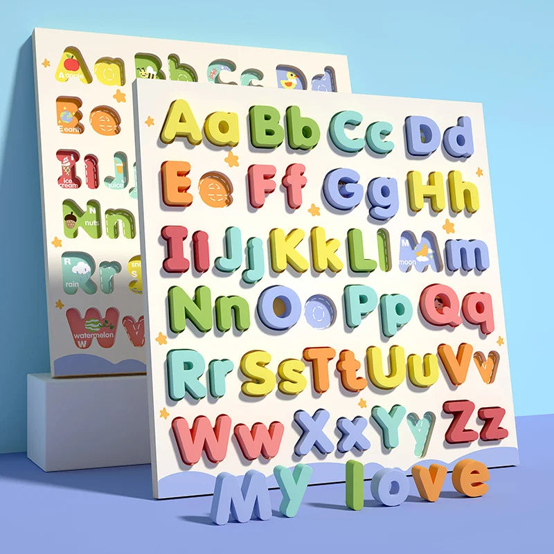 Quebra-cabeça educativo de madeira com letras maiúsculas e minúsculas do alfabeto. Jogo em família, crianças e pré-escolares.