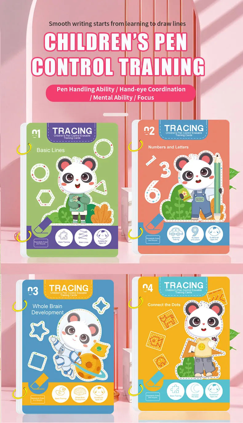 Livro de Exercícios de Traço Mágico Reutilizável de 34 Páginas. Treinamento Educacional de Desenho e Controle de Caneta, Inclui Caneta e Borracha.