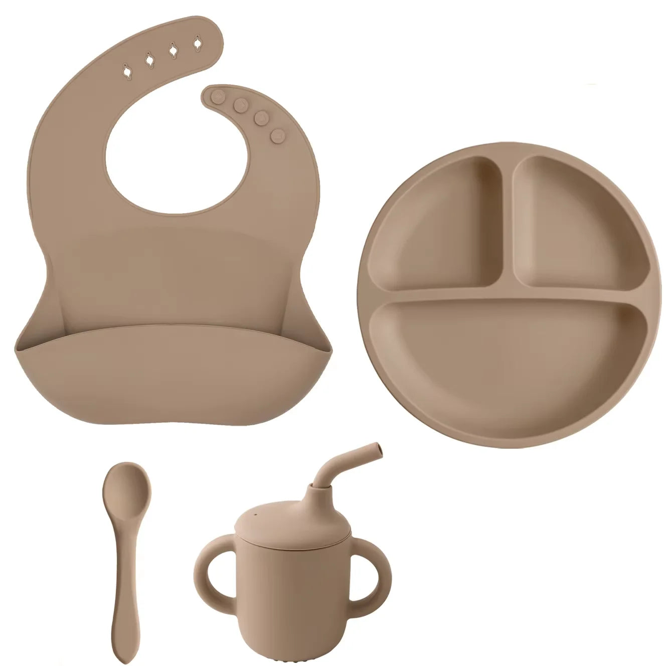 Kit Alimentação Infantil em Silicone – Prato com Ventosa, Copo com Canudo e Talheres Dobráveis para Bebês