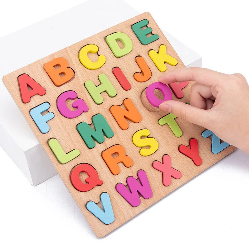 Quebra-cabeça de Madeira com Letras, Números e Formas para Bebês. Quebra-cabeça 3D. Brinquedos Educativos para Crianças.