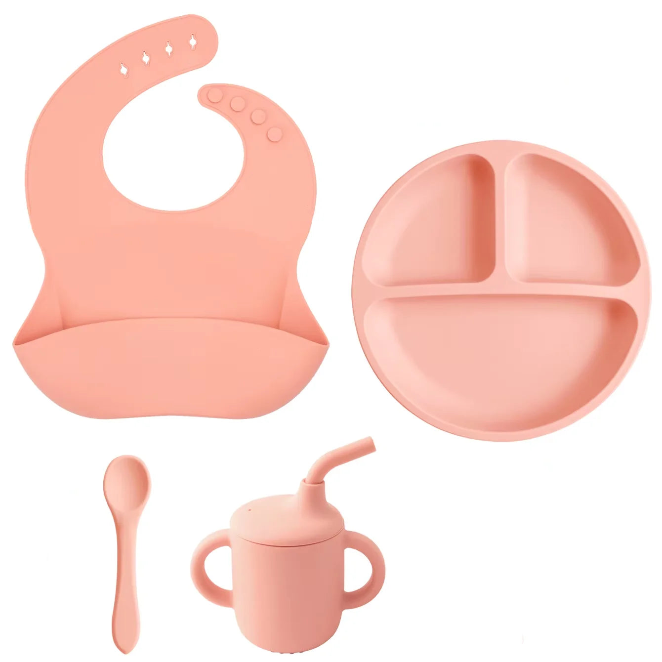 Kit Alimentação Infantil em Silicone – Prato com Ventosa, Copo com Canudo e Talheres Dobráveis para Bebês
