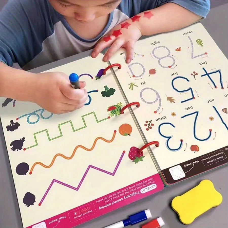 Livro de Exercícios de Traço Mágico Reutilizável de 34 Páginas. Treinamento Educacional de Desenho e Controle de Caneta, Inclui Caneta e Borracha.