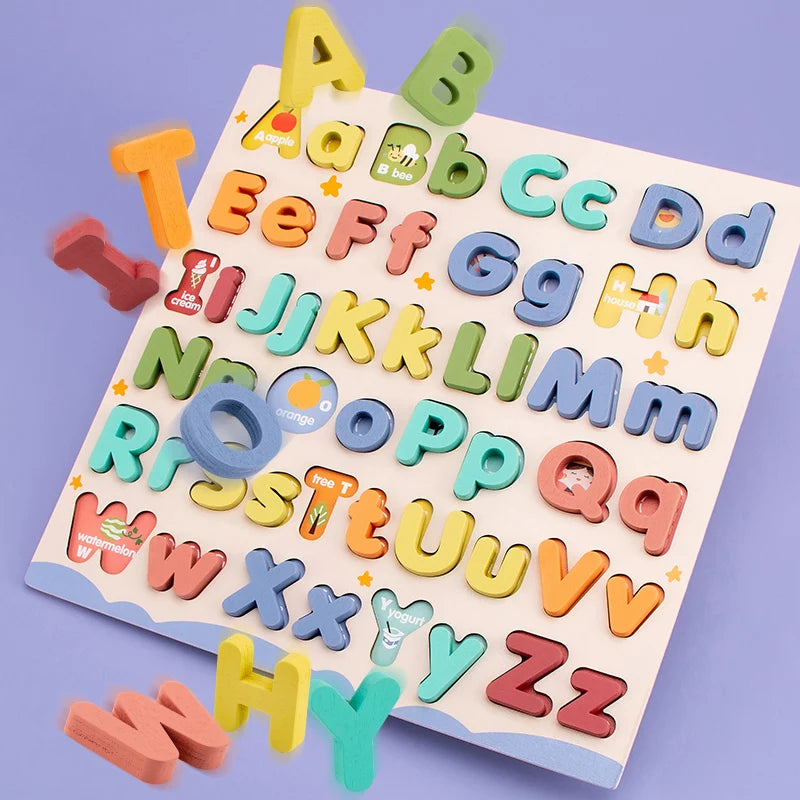 Quebra-cabeça educativo de madeira com letras maiúsculas e minúsculas do alfabeto. Jogo em família, crianças e pré-escolares.