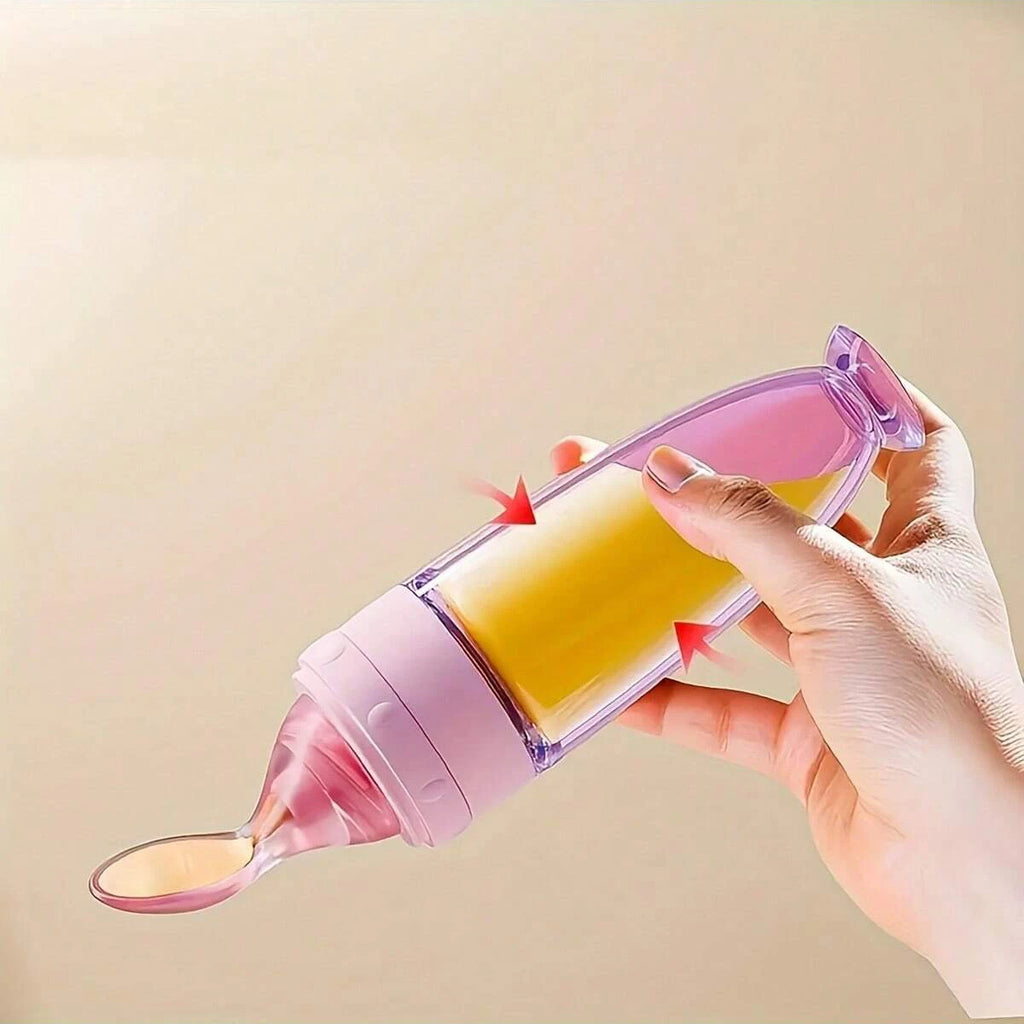 Nova Mamadeira de Silicone Colorida 90ml/3OZ com Colher Macia. Ventosa e Tampa Protetora. Mamadeira Portátil de Alimentação por Aperto.