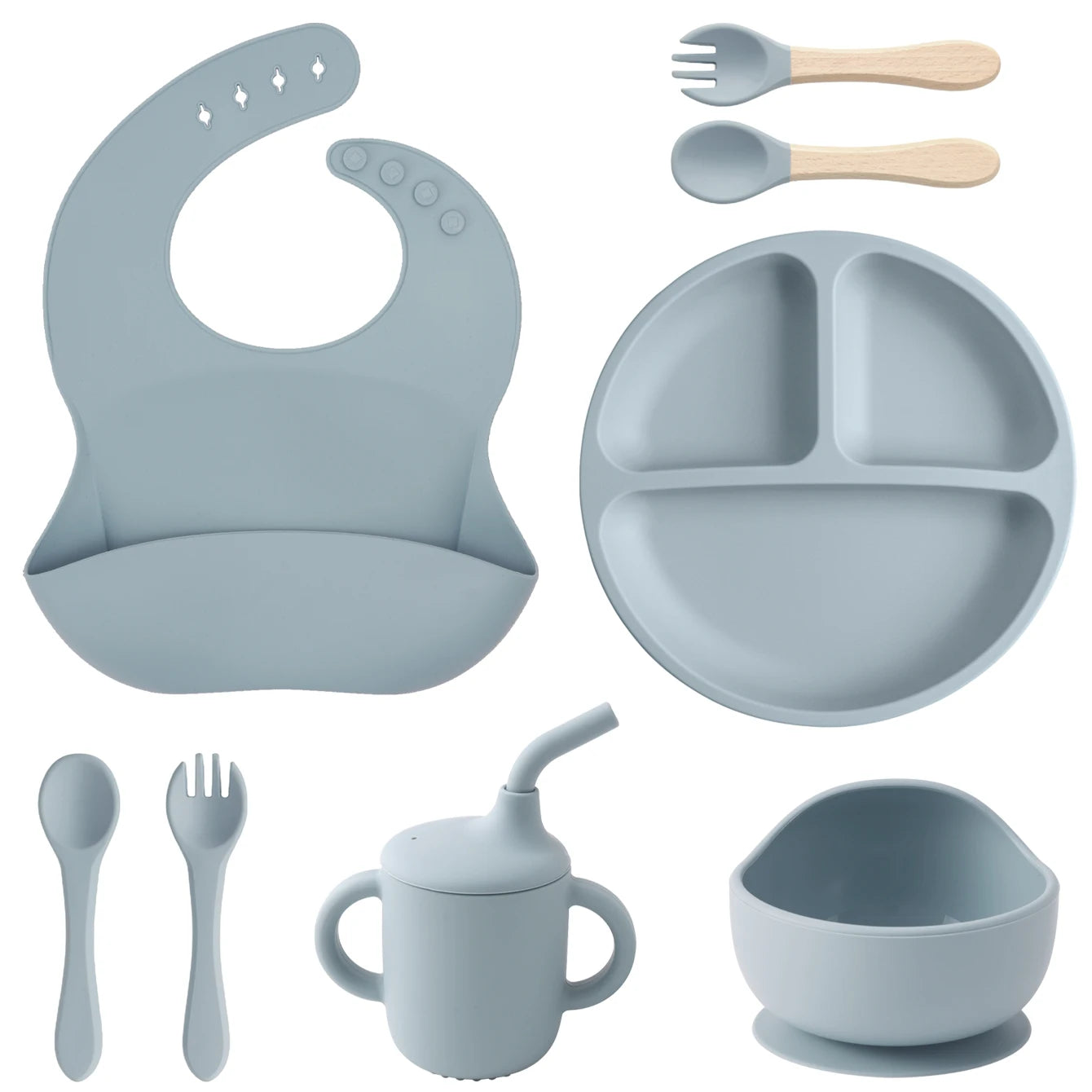 Kit Alimentação Infantil em Silicone – Prato com Ventosa, Copo com Canudo e Talheres Dobráveis para Bebês