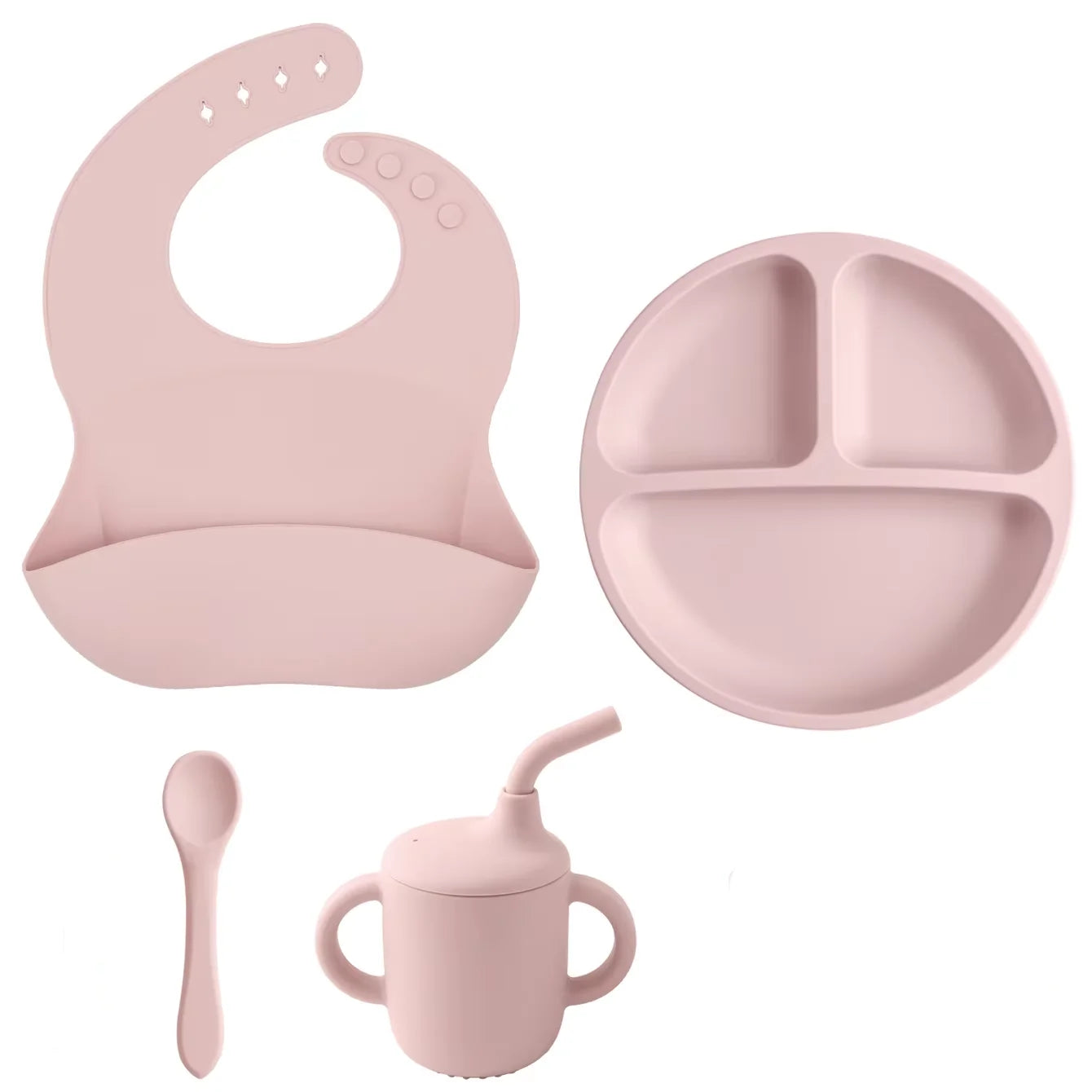 Kit Alimentação Infantil em Silicone – Prato com Ventosa, Copo com Canudo e Talheres Dobráveis para Bebês