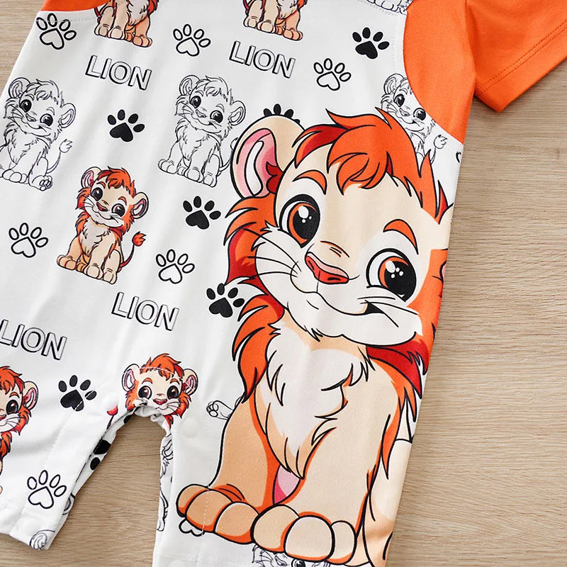 Macacão de bebê para meninos e meninas de 0-18 meses, manga curta, estampa fofa de leão. Com design simulando duas peças, roupas de bebê.