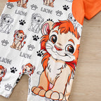 Macacão de bebê para meninos e meninas de 0-18 meses, manga curta, estampa fofa de leão. Com design simulando duas peças, roupas de bebê.