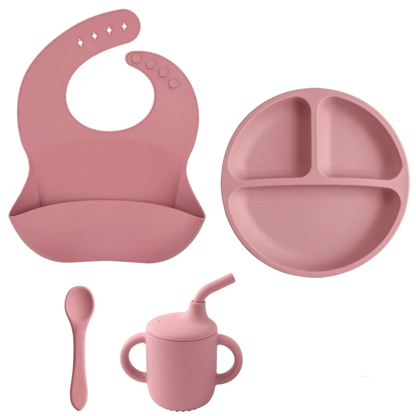 Kit Alimentação Infantil em Silicone – Prato com Ventosa, Copo com Canudo e Talheres Dobráveis para Bebês