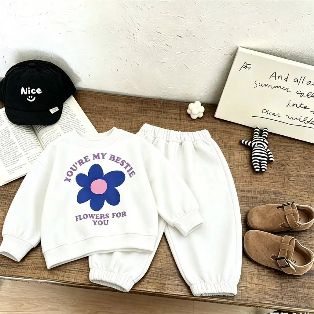 Conjunto Infantil de Moletom 2 Peças – Blusa e Calça com Estampa Fofa para Primavera e Outono