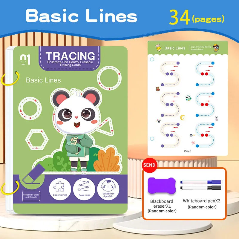 Caderno Mágico Reutilizável Infantil – Livro Educativo com 34 Páginas para Treinar Escrita e Desenho, com Caneta e Borracha