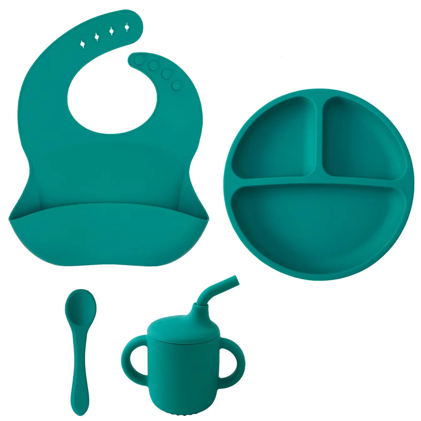 Kit Alimentação Infantil em Silicone – Prato com Ventosa, Copo com Canudo e Talheres Dobráveis para Bebês