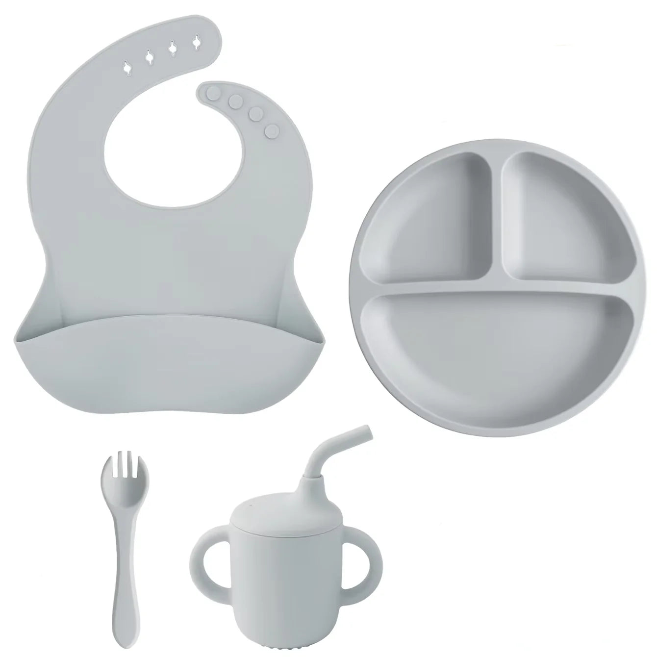 Kit Alimentação Infantil em Silicone – Prato com Ventosa, Copo com Canudo e Talheres Dobráveis para Bebês