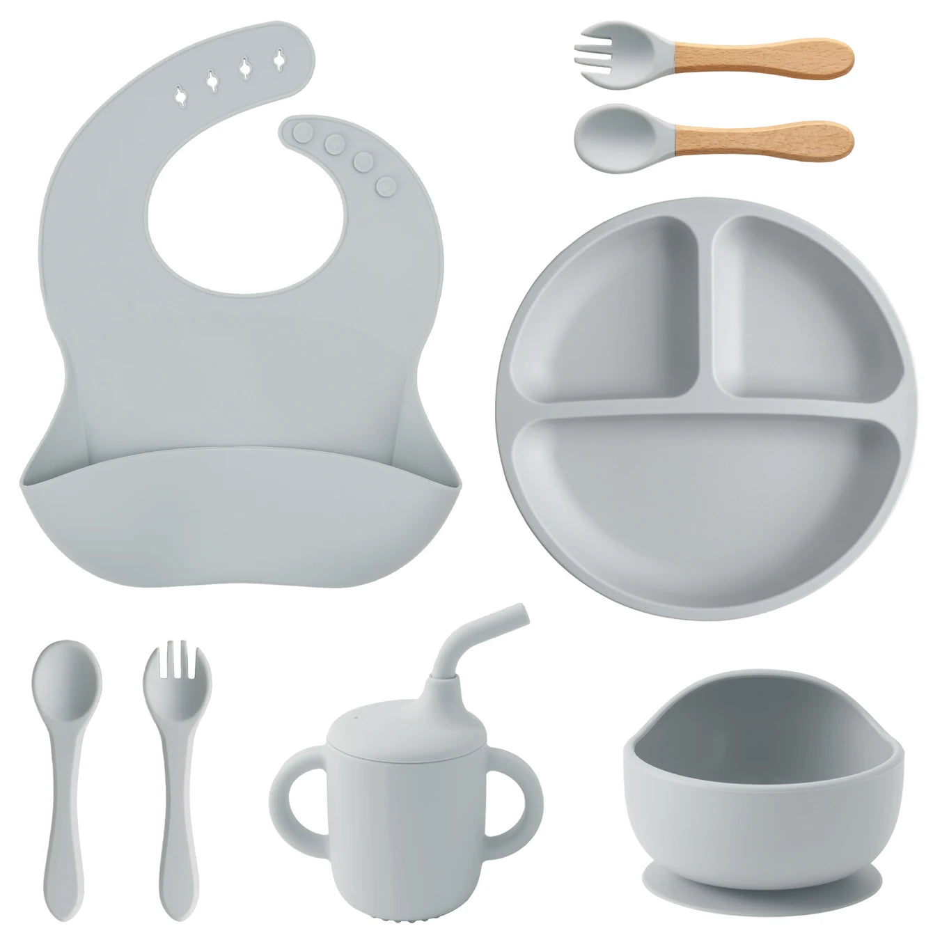 Kit Alimentação Infantil em Silicone – Prato com Ventosa, Copo com Canudo e Talheres Dobráveis para Bebês