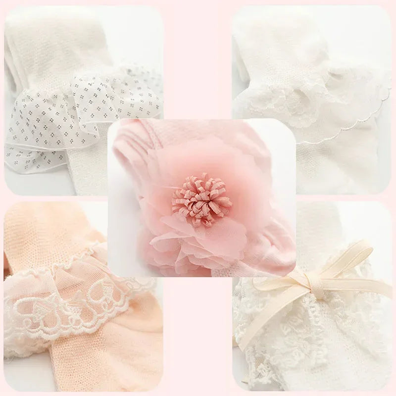 Meia-calça de bebê para meninas, com renda, laço e flor, meias finas para verão, primavera e outono, meias de malha para recém-nascidos e crianças pequenas.