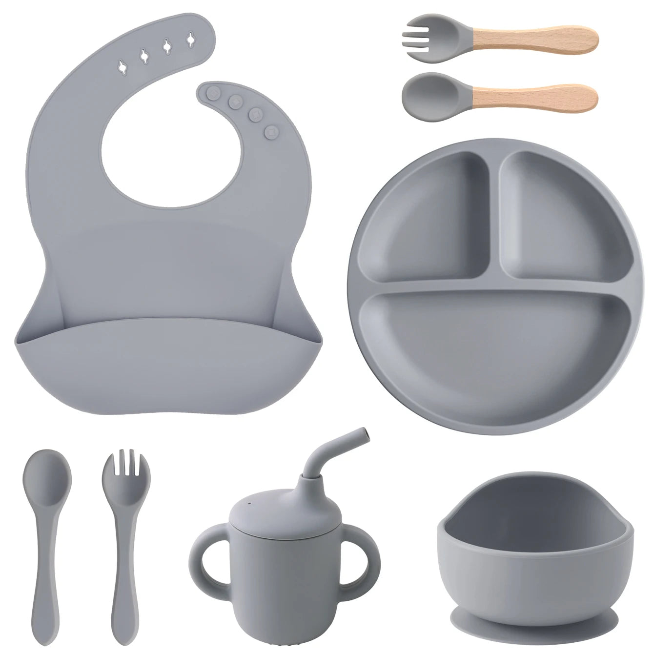 Kit Alimentação Infantil em Silicone – Prato com Ventosa, Copo com Canudo e Talheres Dobráveis para Bebês