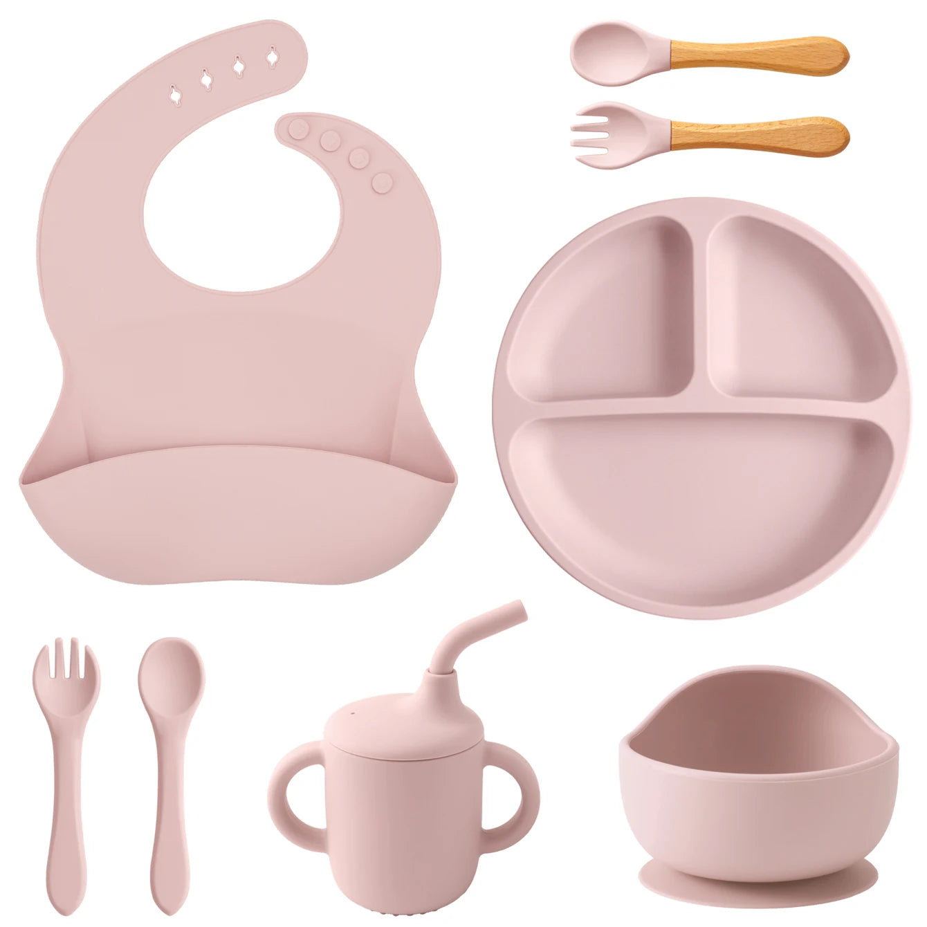 Kit Alimentação Infantil em Silicone – Prato com Ventosa, Copo com Canudo e Talheres Dobráveis para Bebês