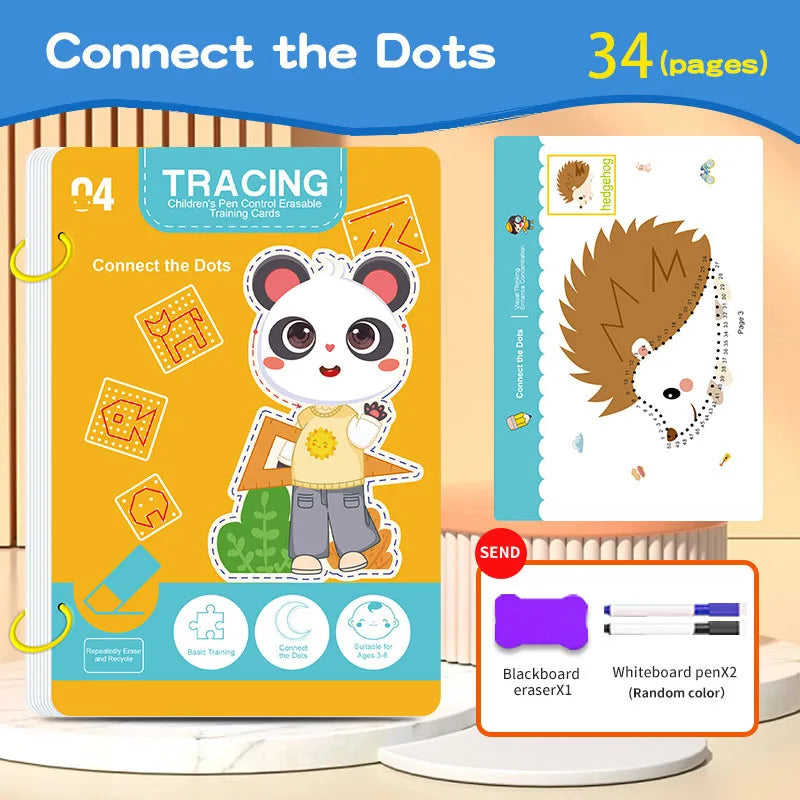 Caderno Mágico Reutilizável Infantil – Livro Educativo com 34 Páginas para Treinar Escrita e Desenho, com Caneta e Borracha