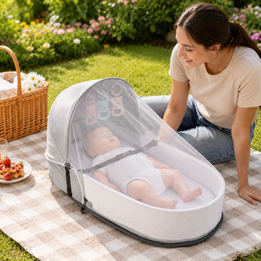 Berço Dobrável para Bebê | Cama Portátil com Mosquiteiro, Colchão e Bolsa para Transporte